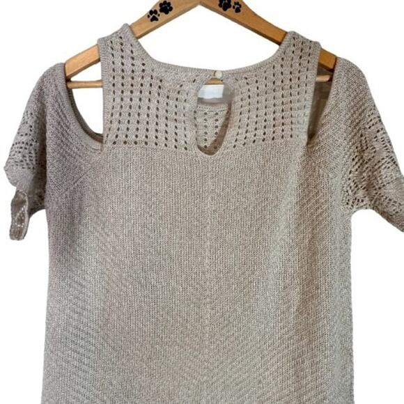 LC Lauren Conrad Women’s XL Cold Shoulder Crochet Sweater Keyhole Tan Cream - Picture 4 of 5